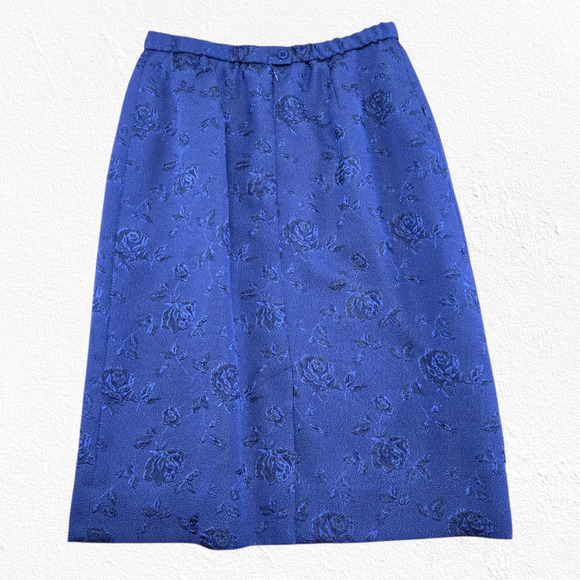 Vintage 80s Royal Blue Jacquard Skirt Suit Floral Formal Skirt Blazer Size 12P - Picture 16 of 16
